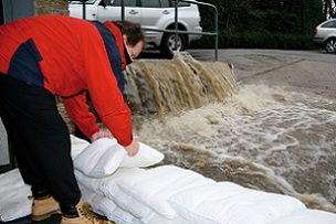 FloodSax alternative sandbags holding back a torrent of floodwater