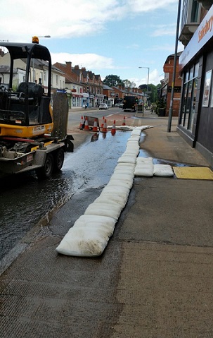 This is the way FloodSax alternative sandbags can be used to divert floodwater away from homes and shops and down drains